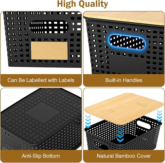 Stackable Storage Baskets: 8 Pack Plastic Baskets Bins, Black | Decorative Baskets for Organizing, Pantry Decorative Containers for Closets, Cabinets, Shelves - Image 3