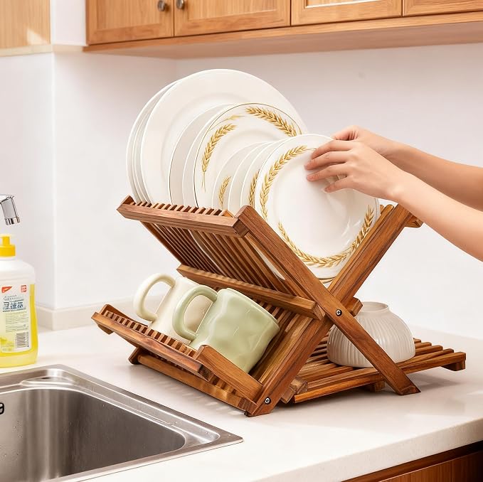 Utoplike Teak Dish Drying Rack Collapsible, Large Dishes Draine 3 Tier | Foldable Large Capacity Dish Draine, Space-Saving Countertop Kitchen Organizer for Plates, Cups - Image 2