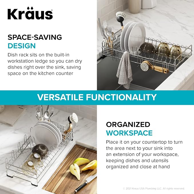 Kraus Workstation Kitchen Sink Dish Drying Rack Drainer and Utensil Holder, 17" L x 9" W, Stainless Steel, KDR-3 - Image 4