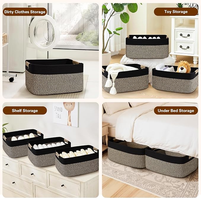 3 Pack Large Storage Basket for Organizing, 17.5"x13"x7" Woven Basket for Shelves, Closet Cube Storage Bins with Wrapped Handle, Cotton Rope Baskets for Kitchen, Clothes, Toys(Black & Brown) - Image 7