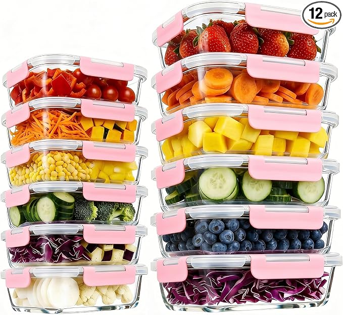 Konokyo Pink Glass Food Storage Containers with Lids, Meal Prep, 12 Pack | Airtight Leakproof Meal Prep Containers, BPA-Free, Microwave Oven Freezer & Dishwasher Safe, Assorted Sizes by Konokyo