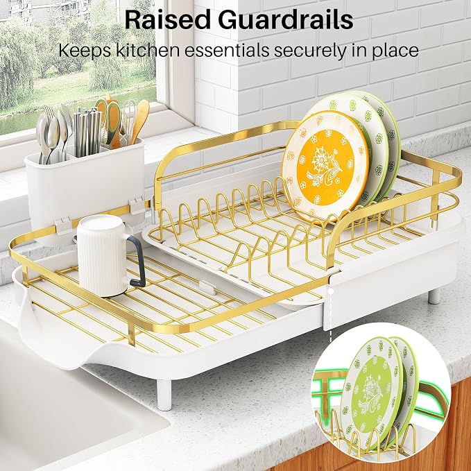 SAYZH Expandable Dish Drying Rack for Small Kitchen Counter, Gold | Stainless Steel, Protective Guardrail, Angled Drainboard, Fits High-Rim Sinks, Removable Utensil Holder - Image 5