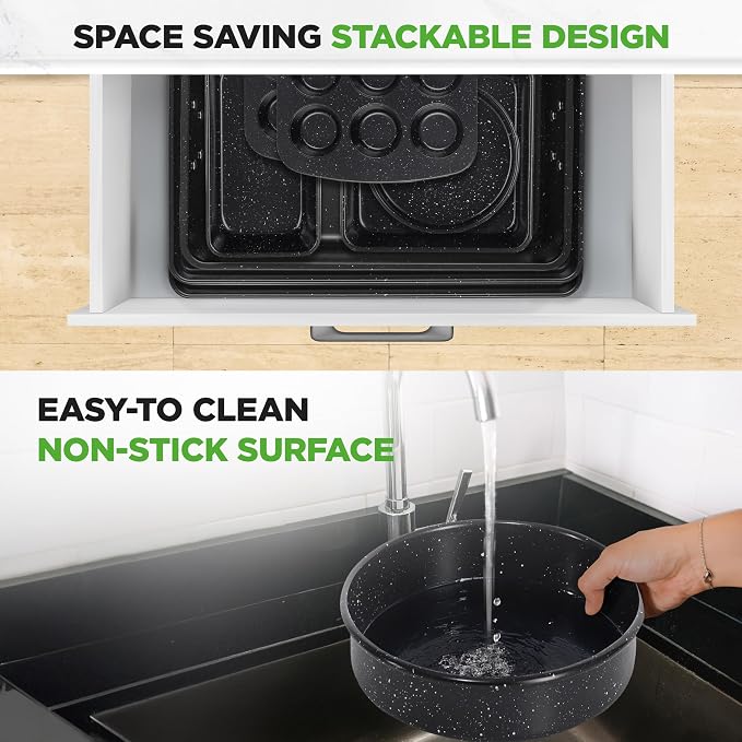 NutriChef 8-Piece Stackable Bakeware Set - Carbon Steel Non-Stick Baking Pan Set, Sheet, Muffin, Round, Loaf, Square Cake & Deep Pans, 450°F Heat Resistant, Standard & Convection Ovens (Black Marble) - Image 5