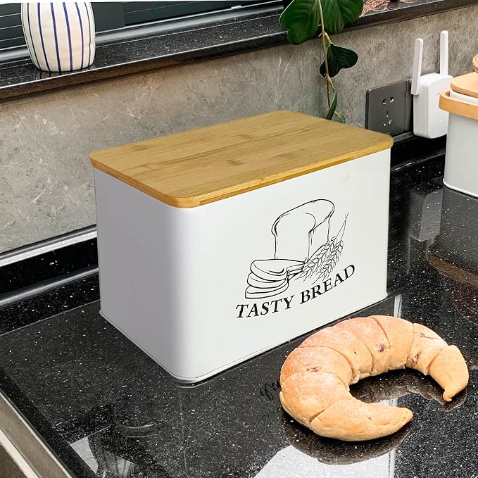 SOTECH Bread Box for Kitchen Countertop White Metal Bread Box with Bamboo Board Cover Pastry Storage Container Set Kitchen decor (NO Handle White Box) - Image 3