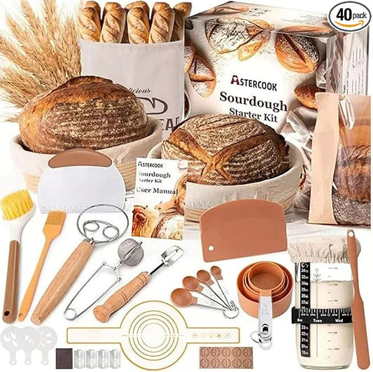 Beginner Sourdough Starter Kit - 9" Round & 10" Oval Banneton Proofing Baskets with Glass Starter Jar, Bread Sling, Dough Scrapers, Cooling Rack - Complete Homemade Baking Gift Set by Chlemeter