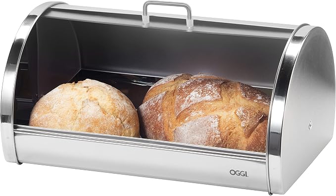 Oggi Stainless Steel Roll Top Bread Box for Kitchen Countertop with Frosted Plexilass Lid - Fits Multiple Loaves of Bread and Other Freshly Baked Goods Including Cookies, Bagels, Muffins - Image 2