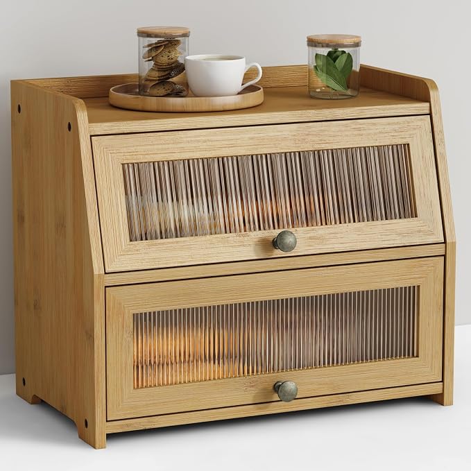 Goozii Large Bread Box for Kitchen Countertop, Double Layer Breadbox for Homemade Loaf Bread, Farmhouse Bread Storage Container Bin for Kitchen Counter Pantry Cupboard (Natural Bamboo) by Goozii