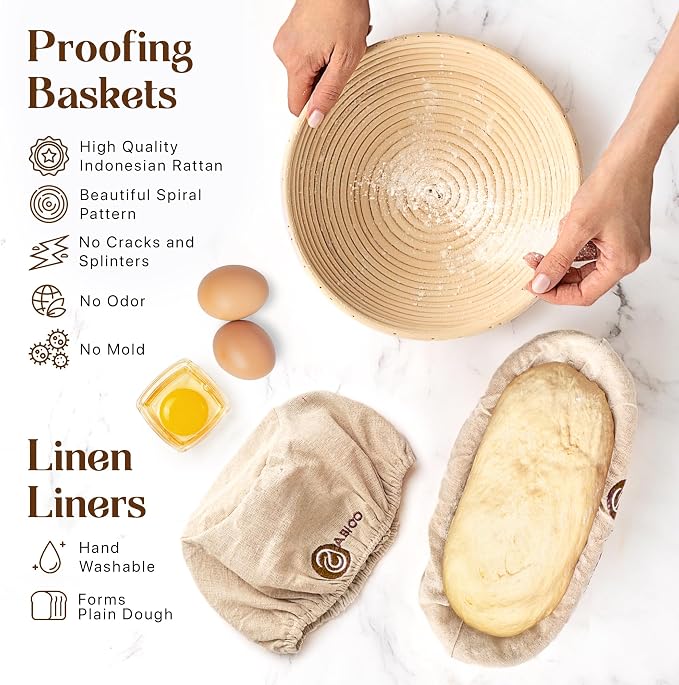 ABIOTO Sourdough Bread Baking Kit - 14-Piece Set with 10" Round & 11" Oval Rattan Banneton Proofing Baskets, Liners, Bread Lame, Danish Whisk & Scrapers for Home Bakers - Image 3