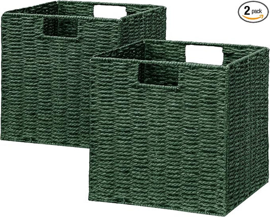 Wicker Storage Basket, Set of 2 Hand-Woven Paper Rope Wicker Baskets, Foldable Cube Storage Bins, Square Storage Baskets for Organizing Shelves & Decor, Green (11″×11″×11″) by Vagusicc