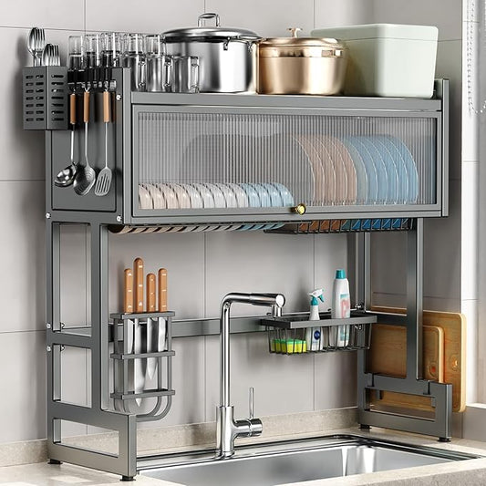 Over the Sink Dish Drying Rack 3 Tier with Dustproof Flip-Up Cover | Large Dish Drainer Storage Counter Organizer,Space-Saving Dish Rack for Dishes and Cutlery,Fits Sinks up to 32 Inches(Gray) by CUISIBOT