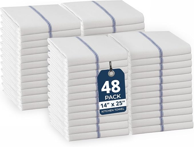 LANE LINEN Kitchen Towels Bulk Set - 100% Pure Cotton Dish Towels for Kitchen, Super Absorbent Kitchen Hand Towel, Blue Tea Towels, Soft & Durable Dish Cloths, Pack of 48 – 15”x25”, Blue Stripe by LaneLinen