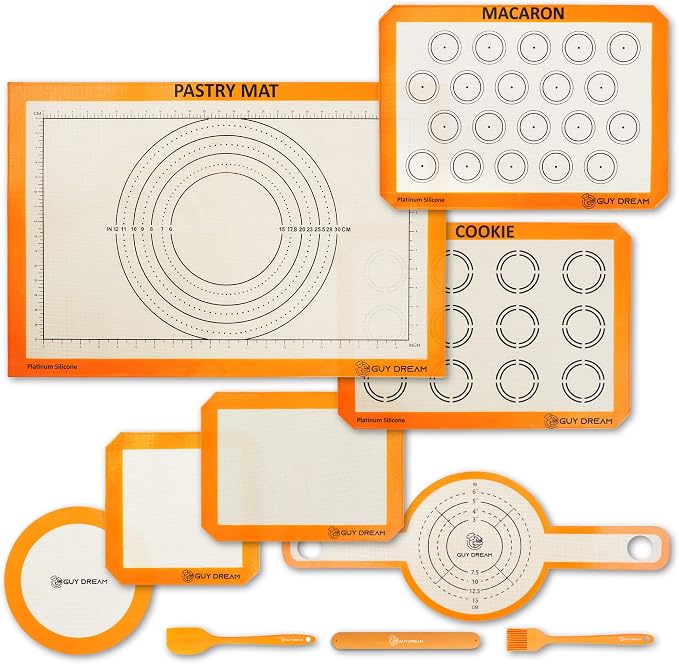 GUY DREAM All-in-One Silicone Baking Mat Set - Kneading Mat, Cookie & Macaron Half Sheet, 1/4 Sheet Mat, Square & Round Cake Mats, Artisan Bread Sling- Ideal Gift for Baking by GUYDREAM