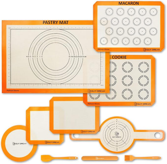 GUY DREAM All-in-One Silicone Baking Mat Set - Kneading Mat, Cookie & Macaron Half Sheet, 1/4 Sheet Mat, Square & Round Cake Mats, Artisan Bread Sling- Ideal Gift for Baking by GUYDREAM