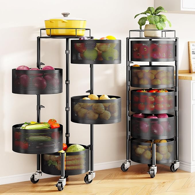 SNTD Fruit and Vegetable Basket Bowls for Kitchen with Metal Top Lid, 5 Tier Rotating Storage Rack Cart for Potato Onion Bread Banana, Wire Basket Organizer on Wheels, Large, Black by SNTD