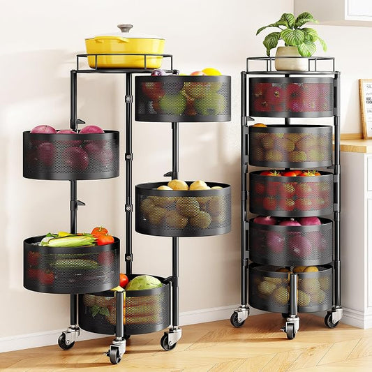 SNTD Fruit and Vegetable Basket Bowls for Kitchen with Metal Top Lid, 5 Tier Rotating Storage Rack Cart for Potato Onion Bread Banana, Wire Basket Organizer on Wheels, Large, Black by SNTD