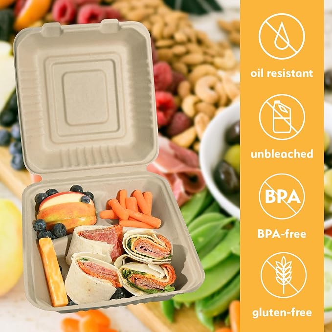 100% Compostable Disposable Food Containers with Lids [8”X8” 3-Comp 200 Pack] Eco-Friendly Take-Out TO-GO Containers, Heavy-Duty, Biodegradable, Unbleached by Earth's Natural Alternative - Image 5