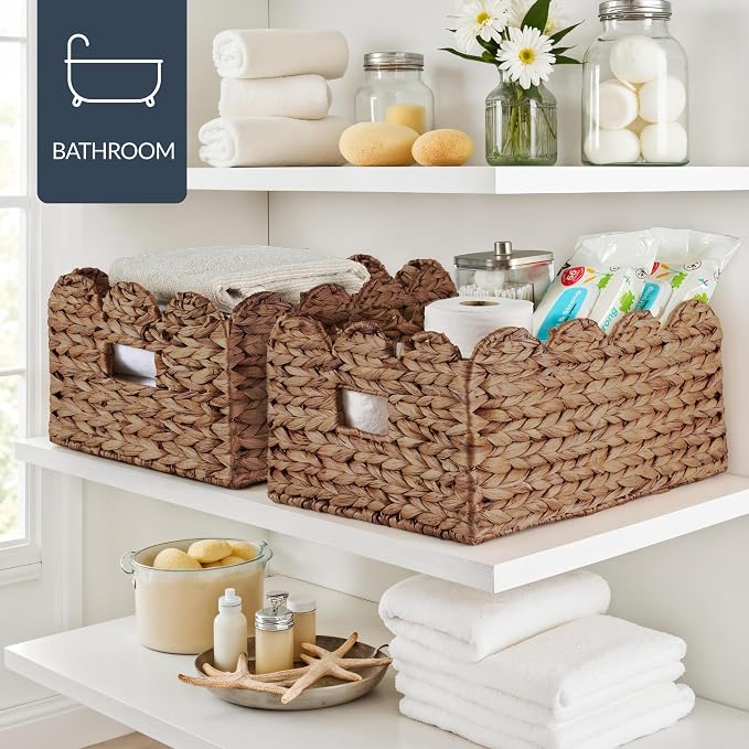 Best Choice Products 16x12 Scalloped Shelf Baskets, Woven Storage Bins, Storage Organizers for Pantry, Living Room, Bedroom, Nursery & Laundry, 2 Pack - Chestnut - Image 5
