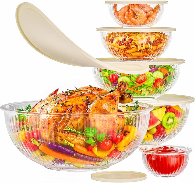 Glass Mixing Bowls with Lids Sets - 6 Packs Size: 5.9-3.7-2.1-1-0.5-0.2QT, Borosilicate Nesting Glass Bowls Containers for Baking,Salad,Meal Prep,Serving,Food Storage,BPA Free & Dishwasher Safe by OrderNowfromJelife