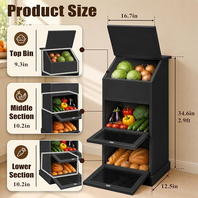 Potato and Onion Storage Bin with Lid, 3-Tier Vegetable Storage, Wooden Rustic Bread Box Cabinet for Fruit and Vegetable, Food Storage Containers Cabinet for Kitchen Pantry (Black) - Image 3