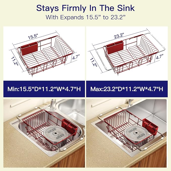 Red Dish Drying Rack Over The Sink with Utensil Holder | Expandable Stainless Steel Dish Drainer for Small Kitchen, Apartment, RV, Counter Space Saving, Perfect Fit, Rustproof - Image 3