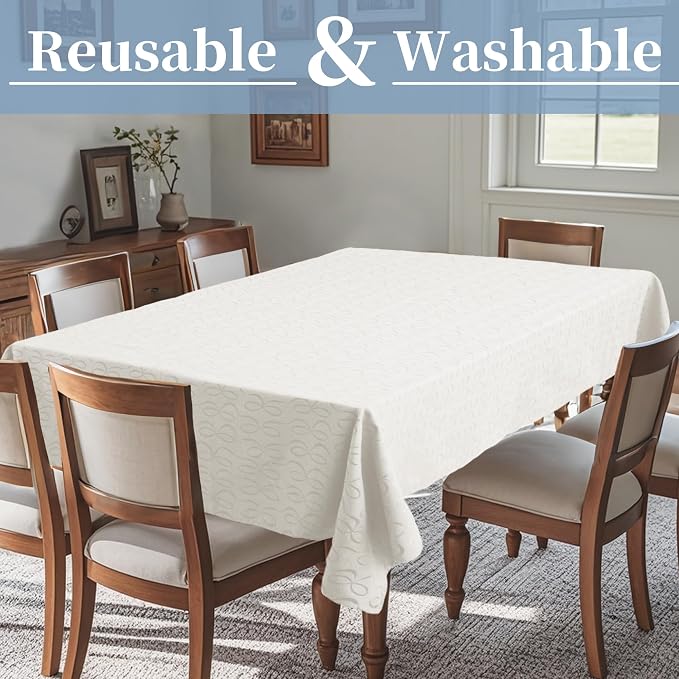 White Fabric Table Cloth Rectangle, 1PC Washable Tablecloth 60"x84" (Seats 6-8) - Cotton Polyester - Wedding Table Cloths for Reception, Reusable Table Cover for Birthday Party, Luxury Bows Jacquard - Image 2