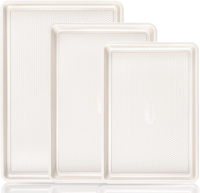 3 Pack Nonstick Ceramic Baking Sheet Pan Set for Oven, Non-Toxic Half/Quarter/Jelly Roll Pans with Diamond Texture, 0.8mm Aluminized Steel Cookie Trays for Cooking, Cream by HONGBAKE