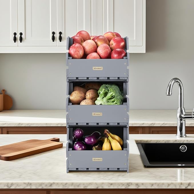 Wood Potato Onion Storage Bins - Wooden Stackable Produce Basket - Fruit Vegetable Storage for Kitchen Pantry Organization, Set 3 Pieces - Image 4
