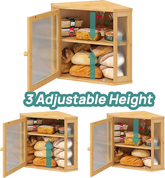 viewcare Corner Bread Box for Kitchen Counter, Bamboo Wood Large Capacity Bread Storage Bin with Acrylic Wavy Door Panel (Natural, Meduim) - Image 8
