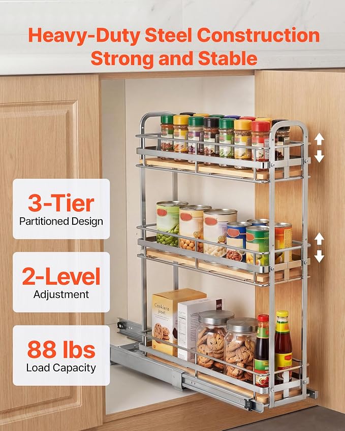 VEVOR Pull Out Spice Rack Organizer for Cabinet, 3 Tier Slide Out Spice Rack Organizer, Height Adjustable Heavy Duty Metal Seasoning Kitchen Basket for Cabinets, 5.75" W x 20.98" D x 21.34" H, Silver - Image 4