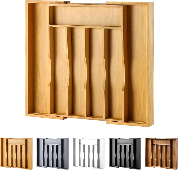 Expandable Bamboo Kitchen Drawer Organizer for Cutlery and Utensils, Adjustable Bamboo Wood Cutlery Tray in Drawer for Flatware and Silverware in Kitchen, (Natural) by oridom