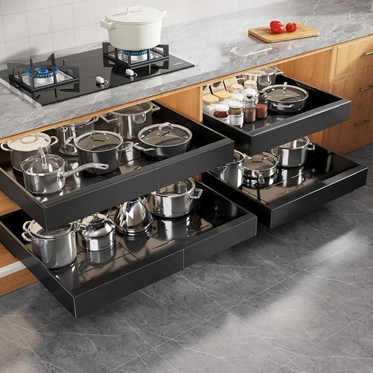 Seinloes 4 Pack Expandable Width (15.15"-26.3") Pull Out Cabinet Organizer 21" Deep with Raising Pad for Framed Cabinets, Upgrade 3 Slide Rails Slide Out Drawers, Roll Out Shelves Adhesive, Black by Seinloes