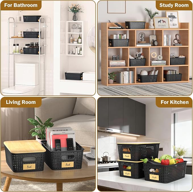 Stackable Storage Baskets: 8 Pack Plastic Baskets Bins, Black | Decorative Baskets for Organizing, Pantry Decorative Containers for Closets, Cabinets, Shelves - Image 5