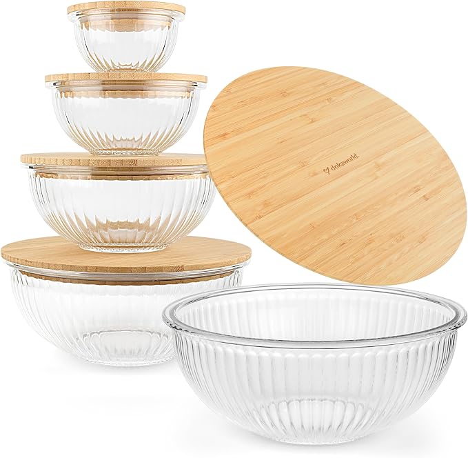 Stackable Space-Saving Set of 5 Nesting Glass Bowls with Bamboo Lids for Foodprep, Storage, Baking, Mixing & Cooking, Microwave & Oven Safe BPA Free Heat Resistant Inert Borosilicate Glass by Dokaworld