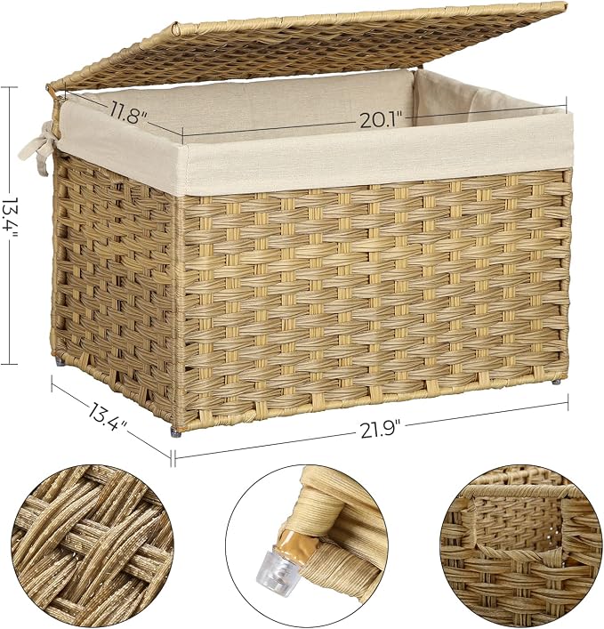 SONGMICS Storage Basket with Lid, Woven Blanket Storage Bin with Handles, Foldable, Removable Liner, Metal Frame, for Bedroom, Laundry Room, 17.2 Gallons (65 L), Natural URST56NL - Image 5