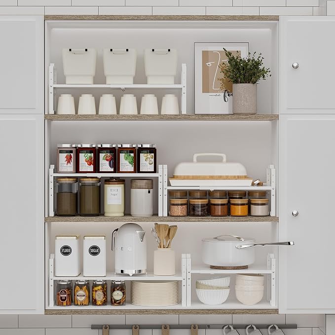 Jojocross Expandable Shelf for Cabinet Organizer Adjustable Stackable Spice Rack at Kitchen and Bathroom More, Counter Countertop Cupboard Organization Pantry Storage(MEDIUM/3PACKS/WHITE) - Image 5