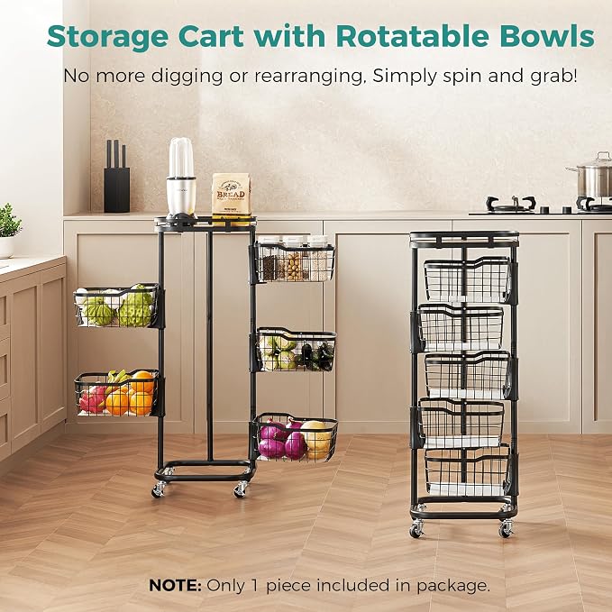 5 Tier Rotating Kitchen Storage Cart, Fruit Vegetable Potato Rack Stand | Patented Swivel Part Spin Smoothly Even Full. Rustproof. One-Piece Wire Bin Prevent Sagging. Keep Onion, Veggie, Spices Fresh - Image 2