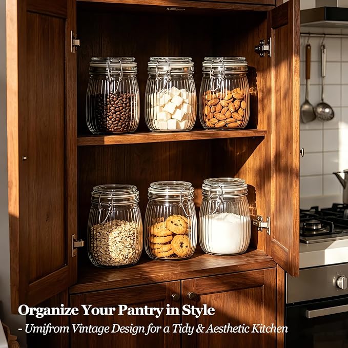 ComSaf Ribbed Glass Mason Jars with Airtight Lids 25 oz 6 Pack Coffee | Flour sugar coffee beans, Fermenting pickling, Farmhouse pantry decor, Kitchen storage, Dry food storage, Sourdough starter - Image 2