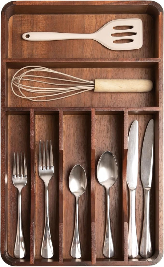 Silverware & Utensil Organizer, Fixed 10.5 in, Acacia | Cutlery, flatware holder, rounded corners, 7 compartments, non-slip feet, kitchen drawers by KitchenEdge