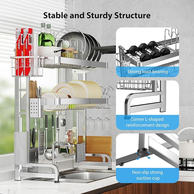 Over The Sink Dish Drainer Drying Rack, Full Stainless Steel 3-Tier Adjustable Length Over Sink Dish Drying Rack, Large Capacity Dish Rack Over Sink for Kitchen Counter, Pots & Pans Rack - Image 2