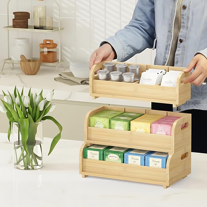 Wisuce 3-Tier Bamboo Tea Bag Organizer, Stackable Tea Holder for Countertop (Natural) - Image 3