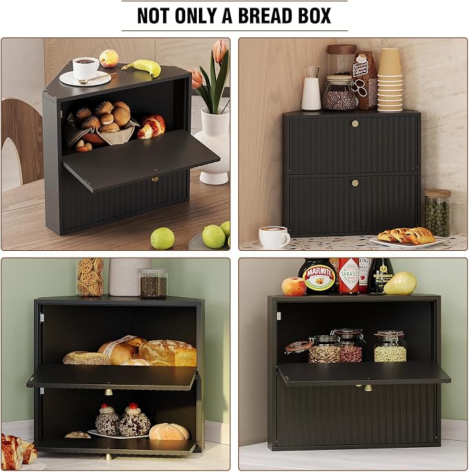 Trironsun Corner Bread Box for Kitchen Countertop Bamboo Two Layer Large Capacity Bread Storage Bin Vintage Storage for Homemade Bread (Black) - Image 8