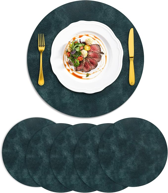 ADRIMER Placemats, Heat Resistant Round Placemats Set of 6 Washable, Waterproof Table Mats, Wipeable Faux Leather Place Mats for Kitchen, Dining Room, Dark Blue by Adrimersdreamistobeanindispensablecompanioninyourlife