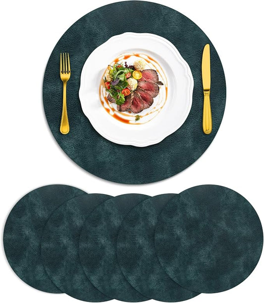 ADRIMER Placemats, Heat Resistant Round Placemats Set of 6 Washable, Waterproof Table Mats, Wipeable Faux Leather Place Mats for Kitchen, Dining Room, Dark Blue by Adrimersdreamistobeanindispensablecompanioninyourlife