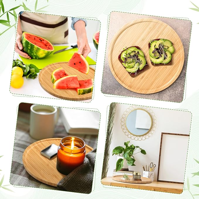 Bamboo Tray - 5 Pcs Wood Plates, Round Charcuterie Board & Serving Platter with Rim for Kitchen, Fruit, Bread, Salad, Coffee Table, Home, Hotel, Restaurant (8 Inch) - Image 5