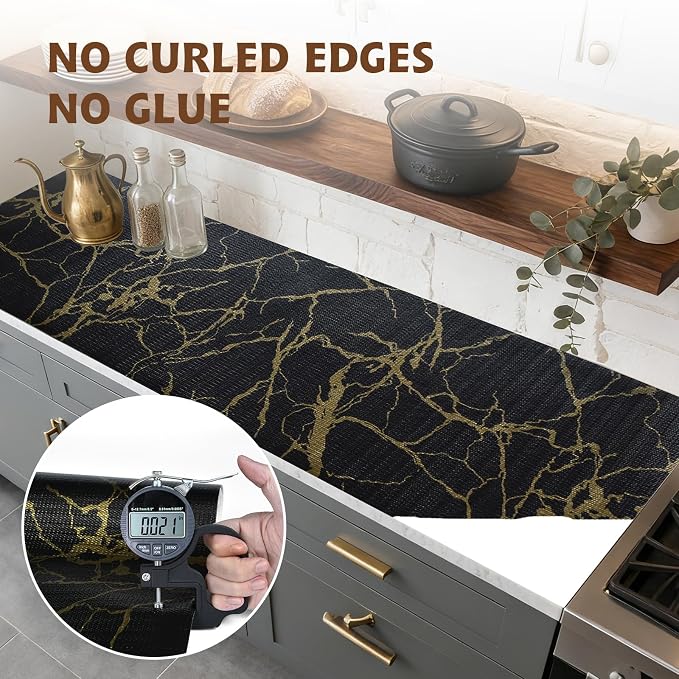 2-Layer Drawer and Shelf Liner for Kitchen Cabinet: 23.6in X 30Ft Non Slip | Waterproof Shelf Paper Non Adhesive Refrigerator Liners Black/Gold Marble Easy Liners for Bathroom with Knife Tape Measure - Image 8