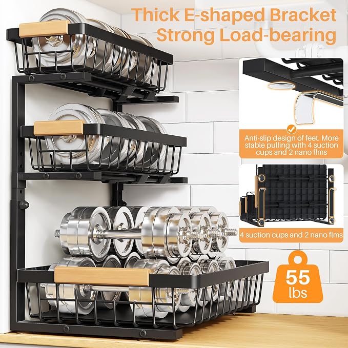 PXRACK Under Sink Organizer, 1-Pack 3-Tier Height Adjustable Thickened Metal Pull out Cabinet Organizer Shelf, Slide out Storage Drawer Rack for Bathroom Kitchen Pantry Home Organization, Black - Image 5