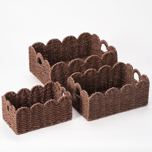 Scalloped Wicker Basket Set of 3, Hand-Woven Storage with Handles | set of 3 brown scalloped baskets with handles. Hand-woven paper rope for shelves, bathroom or closet. Stackable, sturdy. by Floramill