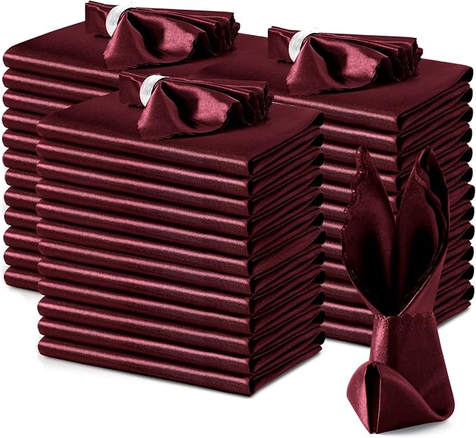 VACVELT 100 Pack Burgundy Scalloped Satin Napkins 17x17 Inch Wedding | Scalloped Floral Edges With Silky Smooth Finish, Seamless Design, Machine Washable Wrinkle And Fade Resistant by VACVELT