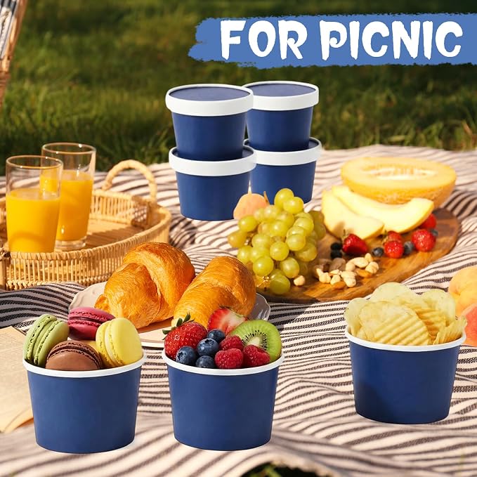 Fulmoon 100 Pack Paper Soup Containers with Lids Disposable Paper Food Containers with Vented Lid Kraft Ice Cream Cake Dessert Cups Soup Bowl for Party Hot Food Fruit Microwave(8 oz,Navy Blue) - Image 6