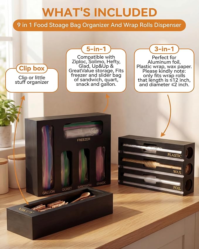 9 IN 1 Bamboo Foil and Plastic Wrap Organizer for Kitchen Drawer, Plastic Bag Organizer Organization and Storage, Food Storage Bag Organizer (BLACK) - Image 2